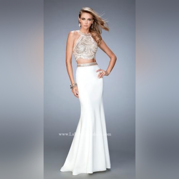 GIGI 2 Piece Le Femme Ivory With‎ Rose Gold Sequins Prom Dress Womens Size 4 - Picture 1 of 16